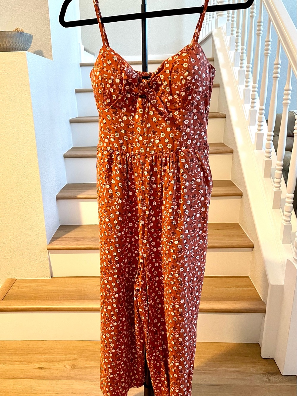 As U Wish Front-Tie Cropped Print Jumpsuit Rust / Clay Floral Juniors Sz Large